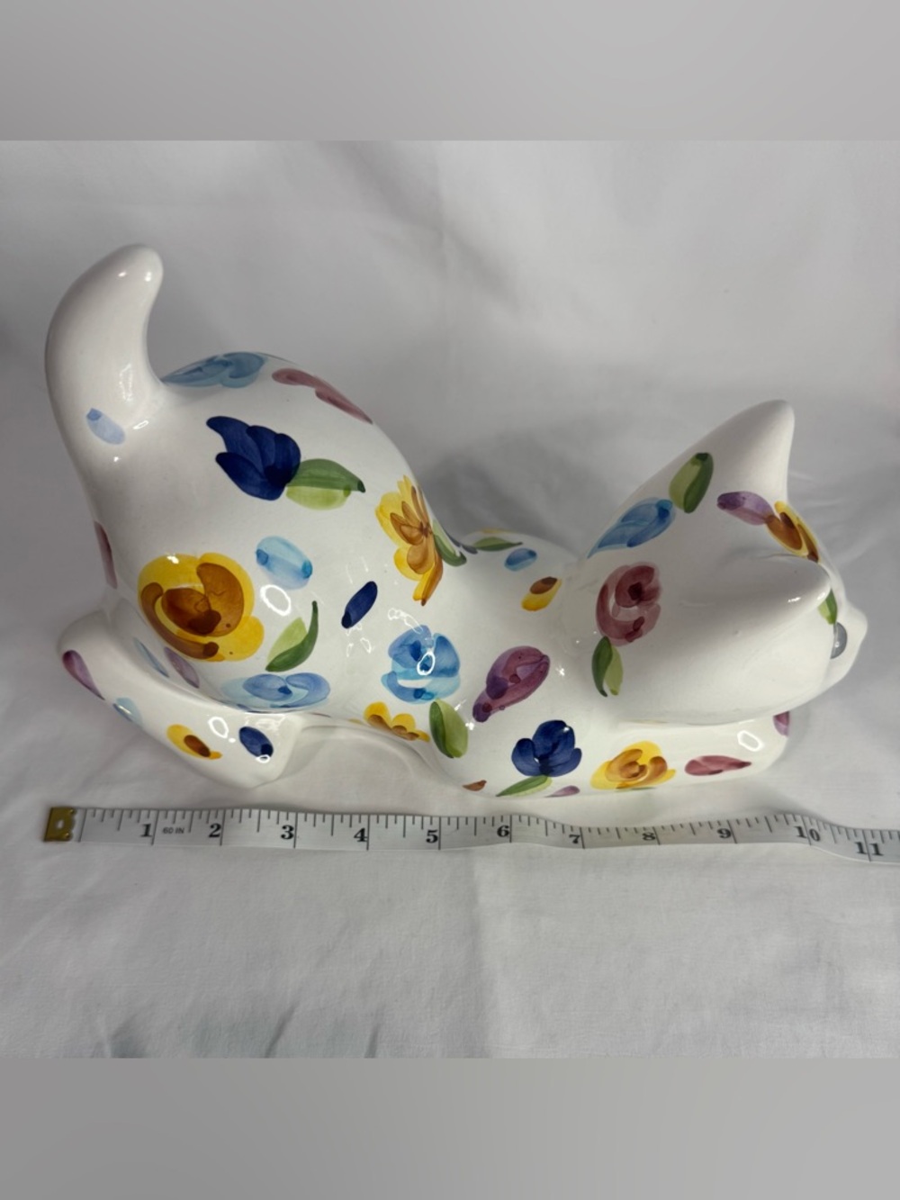 Vintage Floral Cat 10" Figurine Hand Painted Bright Blue Eyes Portugal Pottery - Picture 12 of 14